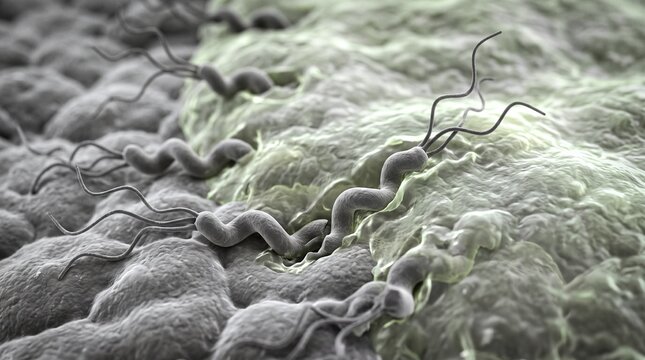 Photorealistic Electron Microscope View of H. Pylori Bacteria Attacking Stomach Lining