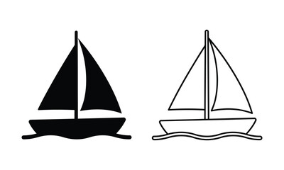 Fototapeta premium Sailing Boat Icon Set, Solid and Line Vector Icons of a Sailboat on Wave