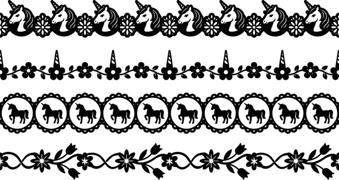 Black and white unicorn and floral lace borders vector art set