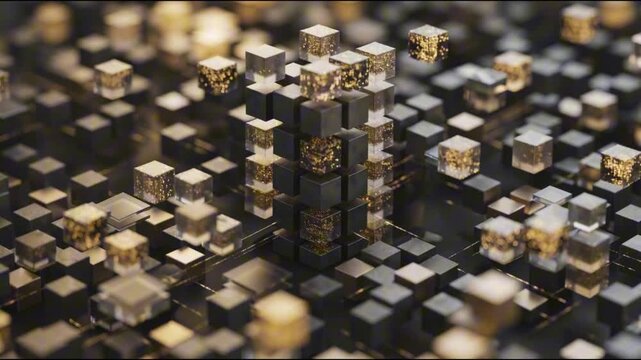 Abstract quantum computing matrix with geometric titanium and glass cubes moving in slow motion, futuristic technology background