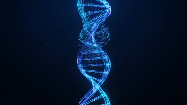 Glowing blue double helix floating against a dark background, representing scientific concepts