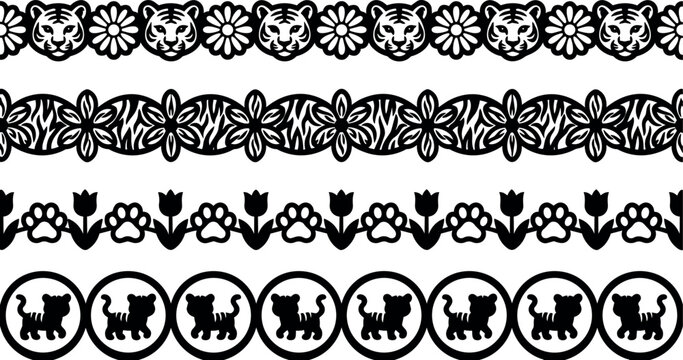 Black and white tiger and floral pattern vector art decorative borders