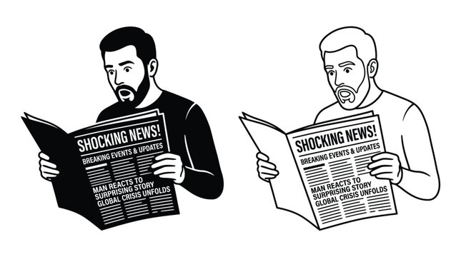 Men Reading Newspaper With Shocking News Black And White Silhouette