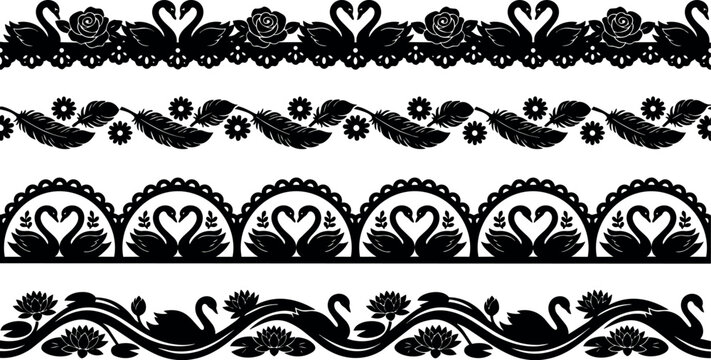 Black silhouette swan floral ornamental borders with roses feathers and lotus vector art