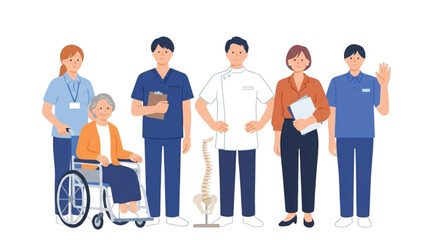 Obraz premium Medical healthcare staff and elderly patient in wheelchair flat illustration