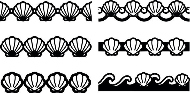 Black and white seashell and wave border patterns vector art set