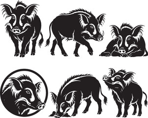 Obraz premium Red River Hog Silhouette Icon Set Collection Black Vector Wild Pig Wildlife Symbols Isolated On White Background