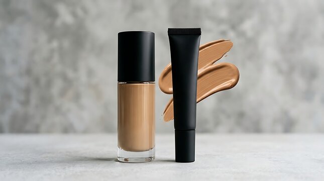 Liquid foundation glass bottle and matte black concealer tube with makeup swatches on grey background