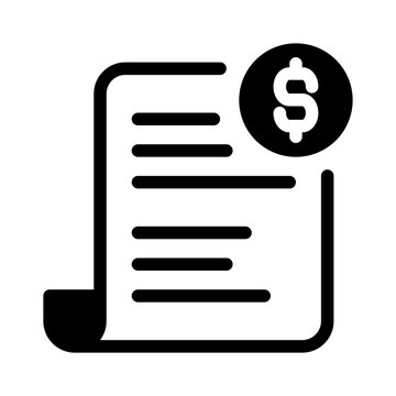 Rolled paper invoice document with dollar sign symbol in modern flat solid icon.