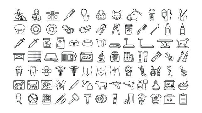 Set of 100 Veterinary Medicine Outline Icons Vector