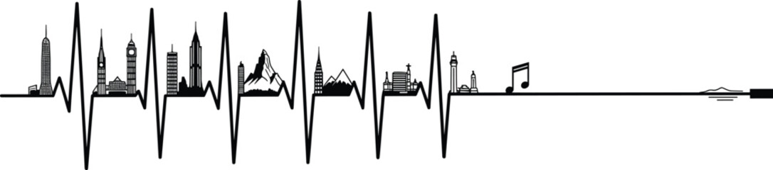 Obraz premium Heartbeat Line with Cityscape, Nature, Music, and Spiritual Elements in Artistic Silhouette Design