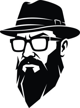 Hipster Man Portrait with Fedora Hat, Eyeglasses, and Full Beard Silhouette for Barber Shop Logo Designs
