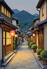 Fototapeta premium Traditional Japanese Street Scene in the Mountains with Lanterns and Potted Plants