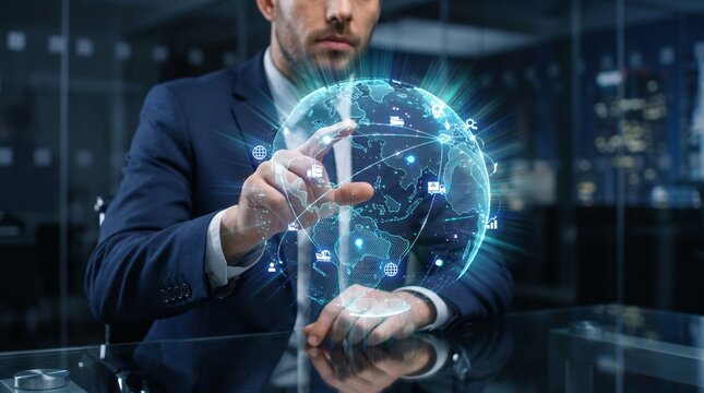 Man holding futuristic digital globe with data network in dark technology lab