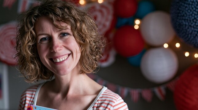A smiling middle-aged woman holding a colorful children's book in a cozy studio with red, white, and blue decorations, warm and celebratory mood, soft key lighting, waist-up composition.