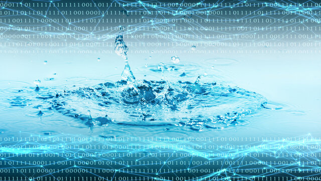 binary code overlay and grid from nodes and lines over a close-up of splashing water drops, illustration concept for tokenization, surveillance and data tracking of water resource