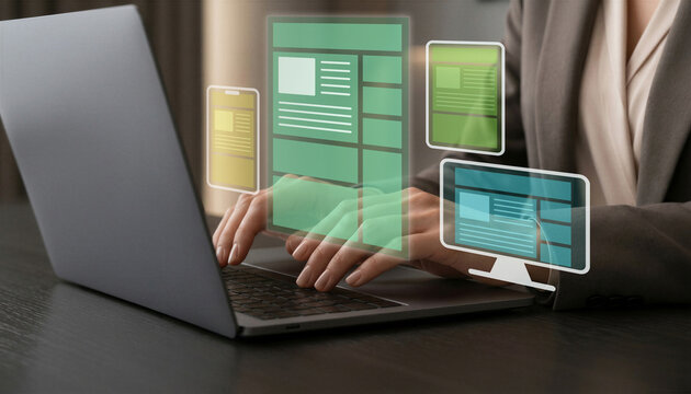 Responsive web design. Responsive web interface for web app development across desktop tablet and mobile devices. Businesswoman designing responsive website layout on laptop.