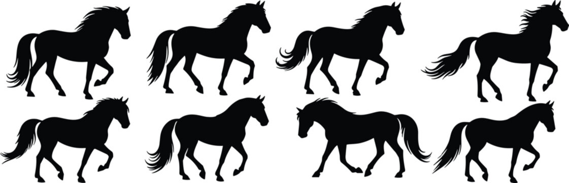 Horse silhouettes in various running poses, black equestrian design, galloping animal icons, vector illustration, wild mustang art, graceful stallion graphics