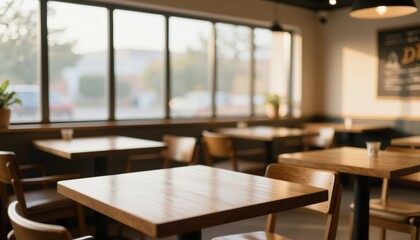 Fototapeta premium Inviting coffee shop ambiance featuring wooden tables and soft lighting creating a comfortable and relaxed environment