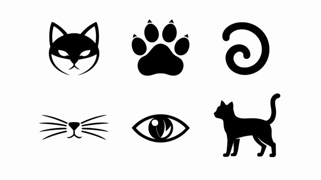Set of Cat Icons: Face, Paw Print, Tail, Whiskers, Eye, Silhouette