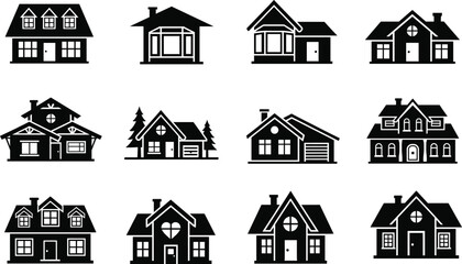 House silhouettes collection, modern and traditional home icons, real estate vector set, residential © Nafij World