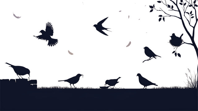 Black and white flock of birds flying over bare trees in silhouette Vector