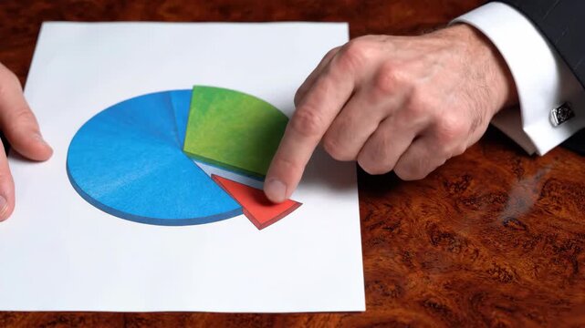 Business finance pie chart report hand finger analysis, professional financial presentation focus, colorful paper pie chart statistic segment wooden