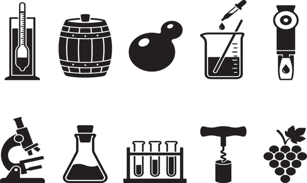 Collection of black science and winemaking on white background laboratory chemistry biology