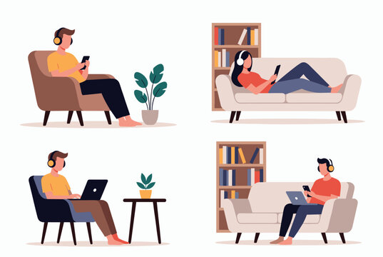 Four people sitting on comfortable armchairs and sofas while using their smartphones, laptops, and headphones.