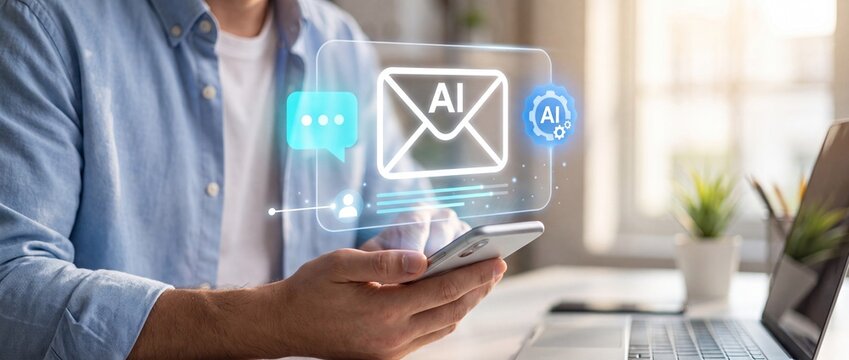 Man using smartphone with ai icons for communication
