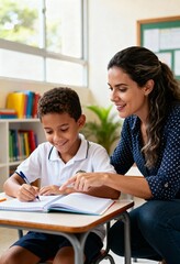 Obraz premium eacher Helping Young Boy Student Study in Elementary School