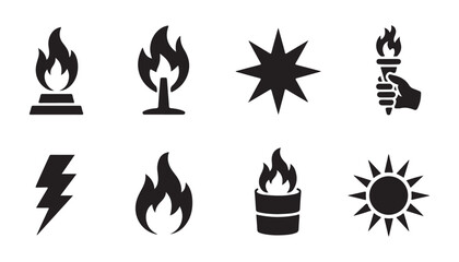 Set of black fire and weather icons including lightning sun and burning flame vector illustrations. © Mukti