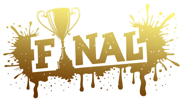 Golden silhouette of the word "Final" with the letter "i" replaced with a trophy melt splash  on a white background.