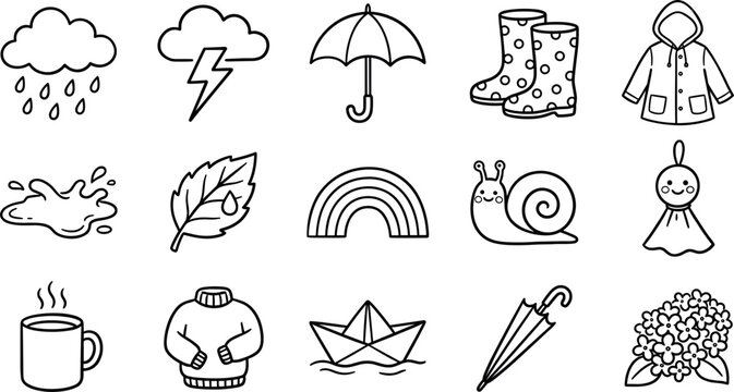 Rainy Day and Rainy Season Cute Doodle Icon Set with Weather, Clothing, and Autumn Nature Symbols for Creative Vector Graphic Graphic Layouts