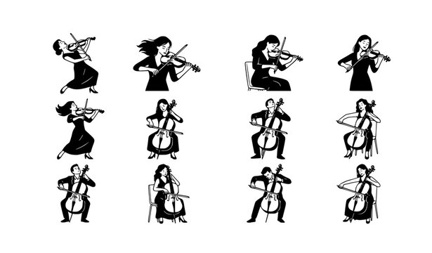 Elegant violinist and cellist vector collection with 12 unique monochrome musician designs