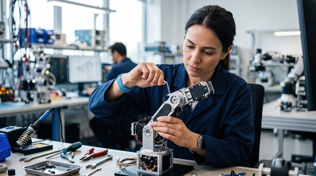 Female Engineer Assembling Robotic Device