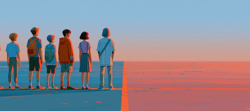 Classmates standing on opposite sides of a playground line at sunset