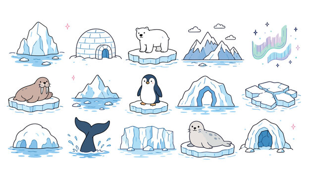 Arctic animals ice illustration set.