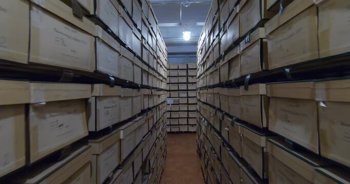 Document storage. Shelving units with folders and boxes.