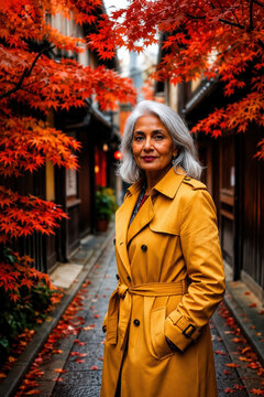 Mature woman stands confidently in a yellow trench coat among vibrant red maple trees on a narrow pathway. The scene evokes autumn mood and elegant street style with warm tones.