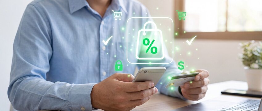 Man shopping online with smartphone and credit card e commerce concept