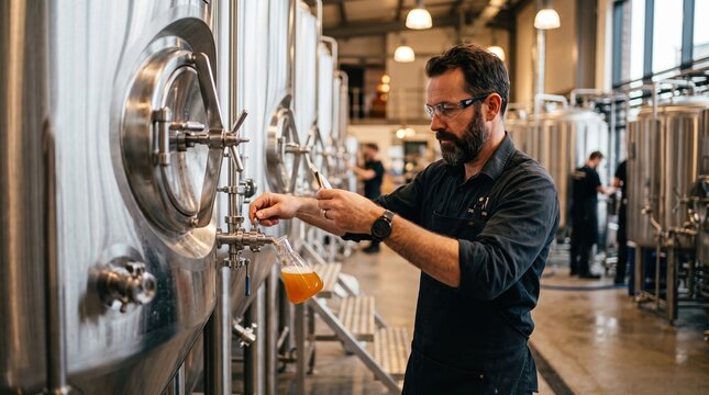 Brewer sampling craft beer in a modern brewery
