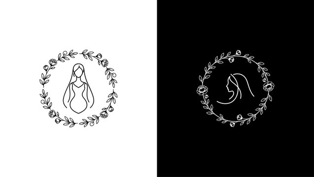 Luxury bride logo surrounded by delicate floral frame, feminine wedding branding, minimalist black vector line art, isolated white background, Beautiful bride girl wedding silhouette design Vector Ima