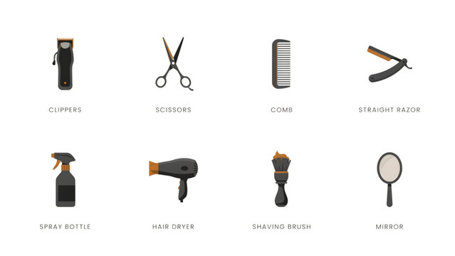 Flat icons set of common barber and beauty salon tools on white background Vector