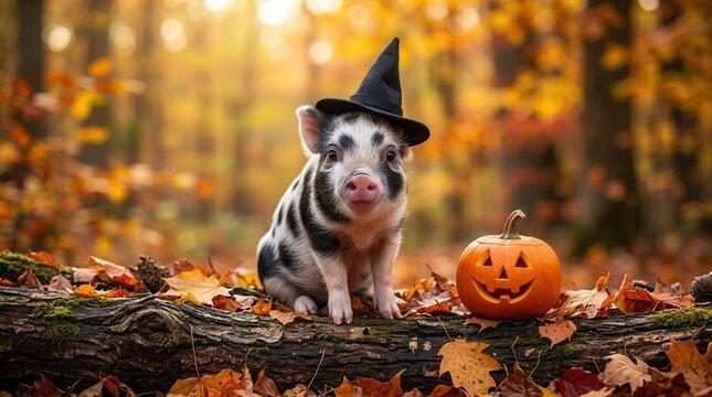 Cute pig wearing a fancy black Halloween hat sitting by a pumpkin.