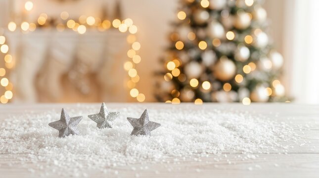 Christmas tree and string lights on a white wood table top for holiday banner background.
