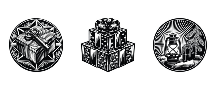 Linocut Boxing Day vector design bundle featuring stacked gift boxes, antique key on a present, vintage lantern, and pine trees in a rustic monochrome woodcut engraving style.