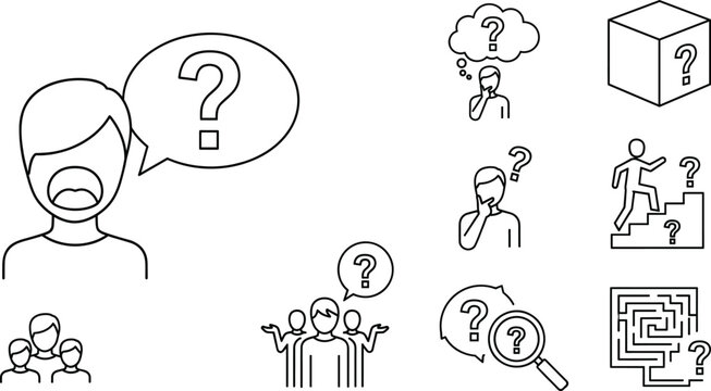 Inquiry and problem-solving icon vector set, black-and-white line illustrations for questions, thinking, and teamwork