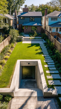Entrance to an underground shelter in the backyard of a house, a protective secret bunker, view from above