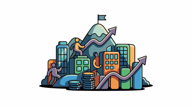 Stylized city skyline with people climbing mountains and rising charts